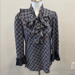 Le Gali XS Blue Patterned Women's Long Sleeve Top with Tie and Ruffle Detail